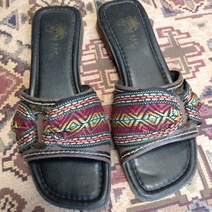 Palms Brazilian Leather Slip On Sandals With Tribal Fabric Detail